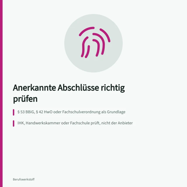 Karte zu Rechtsgrundlage, Prüfstelle und Zeugnisbezeichnung anerkannter Fortbildungsabschlüsse. Woran erkennt man anerkannte Aufstiegsfortbildungsabschlüsse in technischen Berufen?